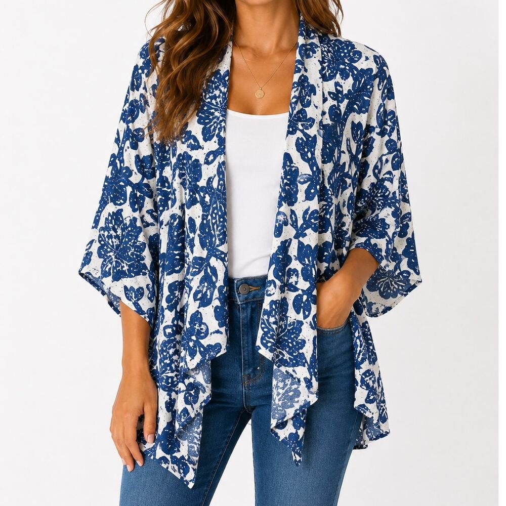 LOFT White and Blue Floral Print Kimono Top